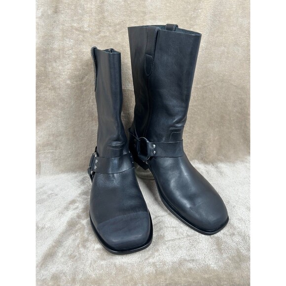 Coach Tara Moto Harness Pull On Boots Black Leather Biker Mid Calf Womens 9 B - Picture 1 of 11